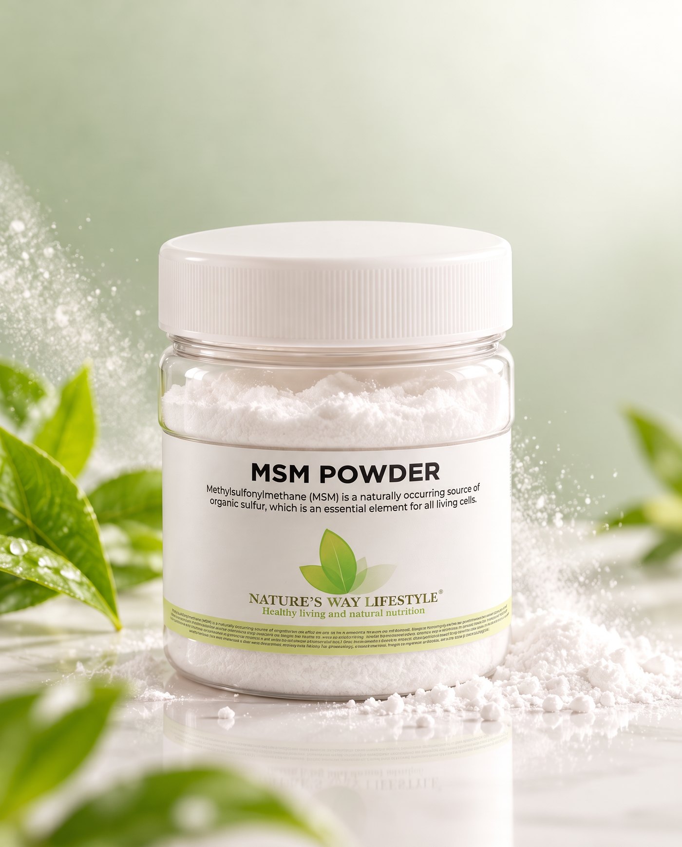 MSM Powder jar with drifting white powder and green leaves