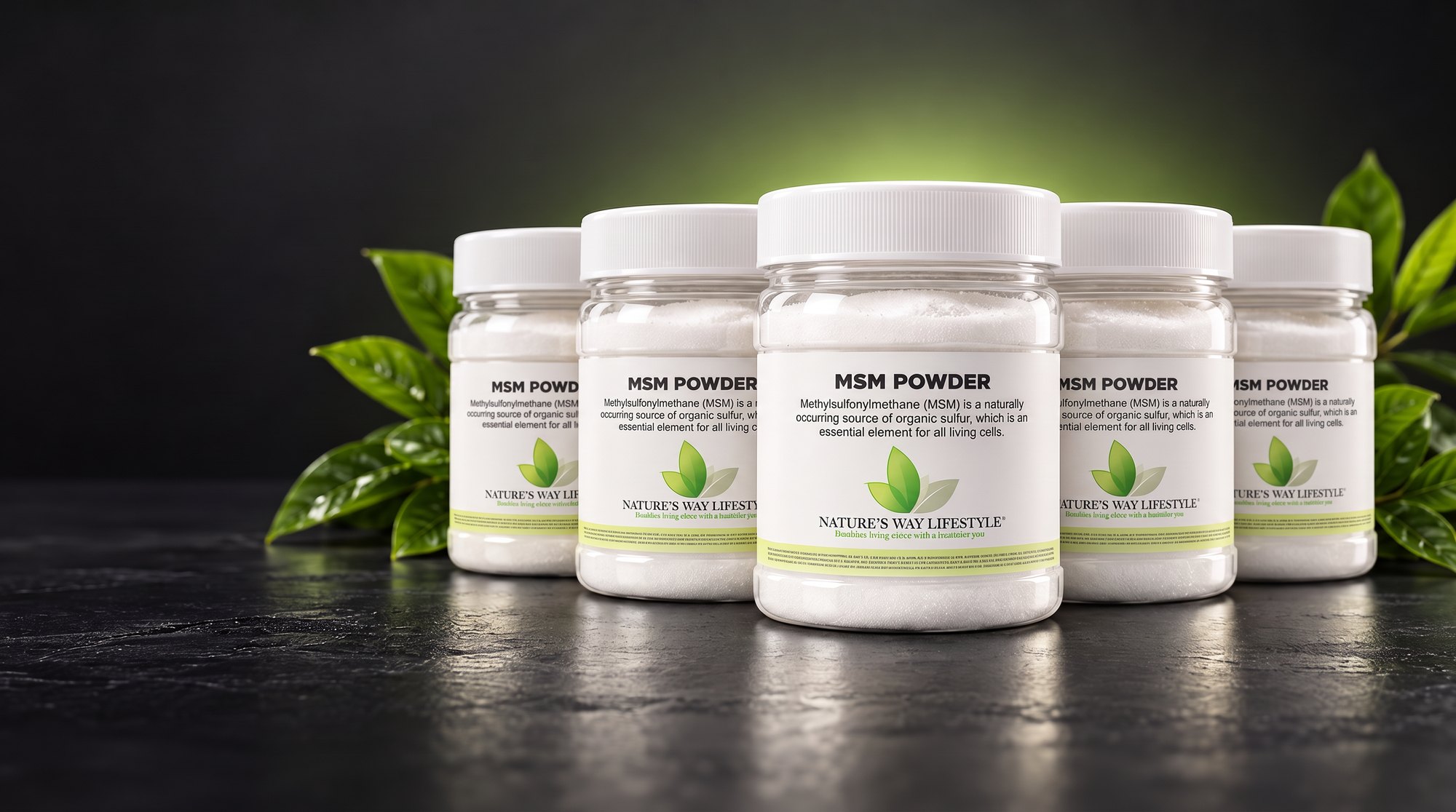 Five MSM Powder jars on a black surface with a green glow