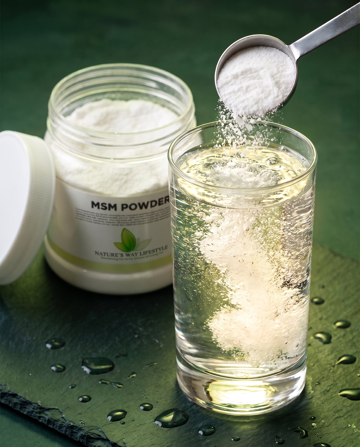 A scoop of MSM powder dissolving into a glass of water
