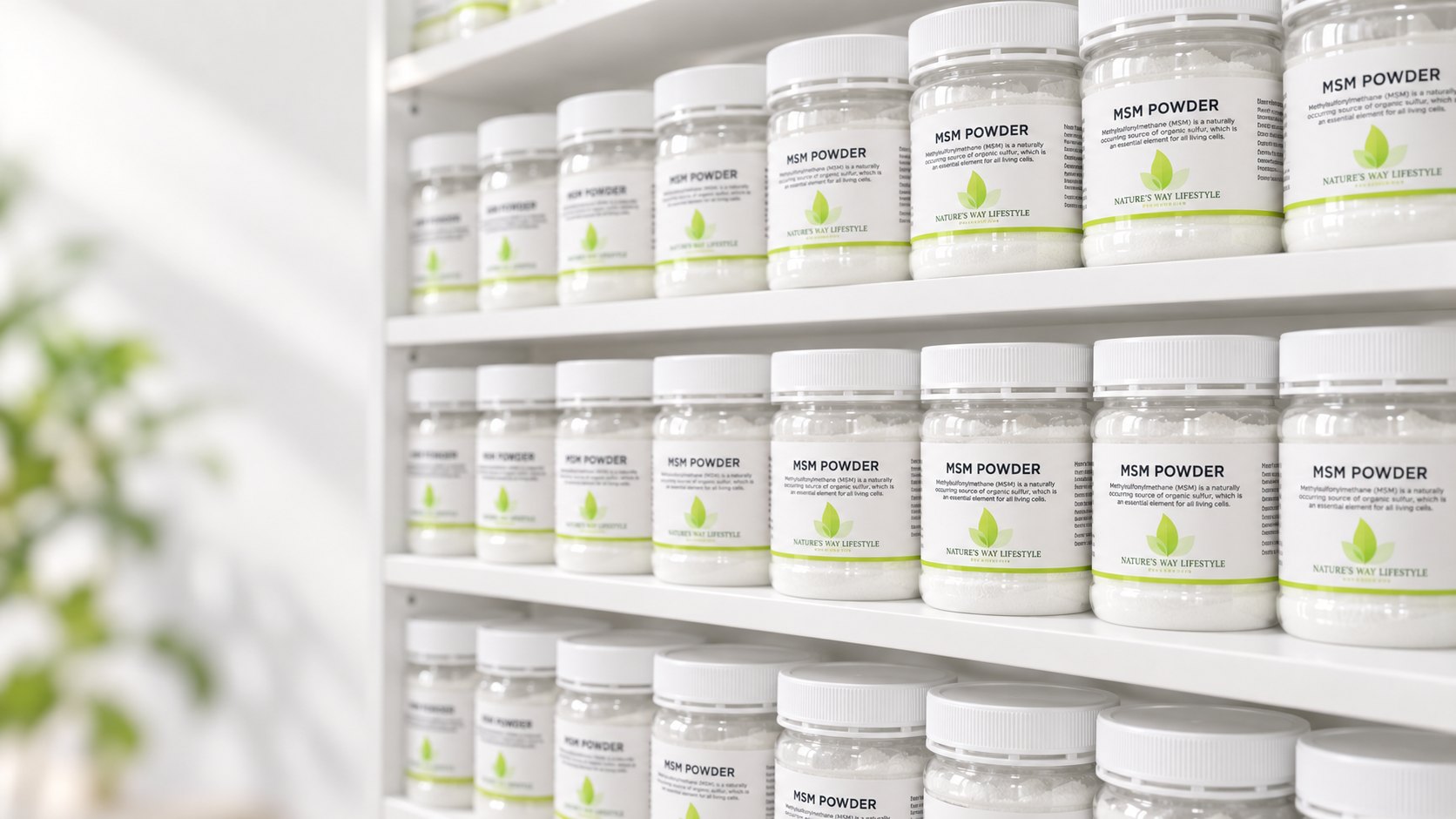 Shelves of MSM Powder jars in stock